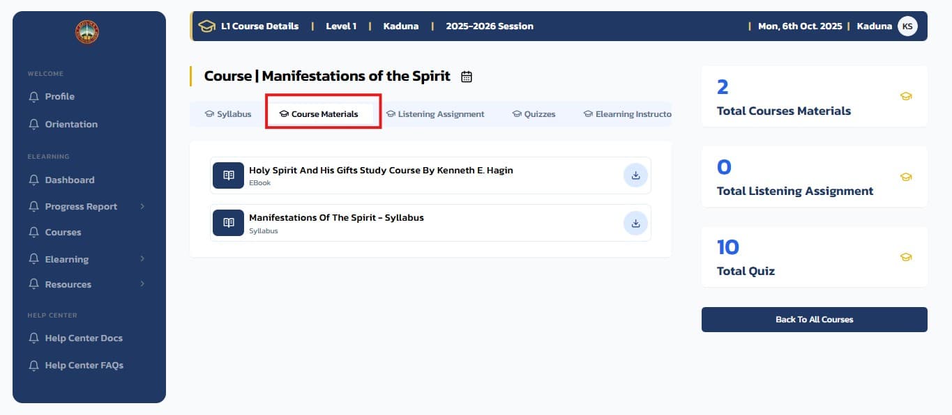 Course Materials Tab